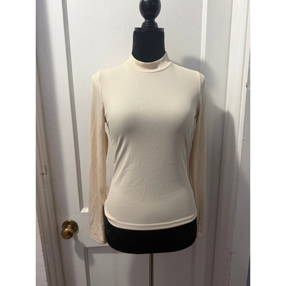 SHEIN Beige Ribbed Long Sleeve Top Mock Neck Cream Knit Shirt Medium
